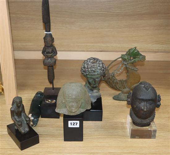 Two resin classical busts, tribal carving, metal head, metal seahorse and an Egyptian figure